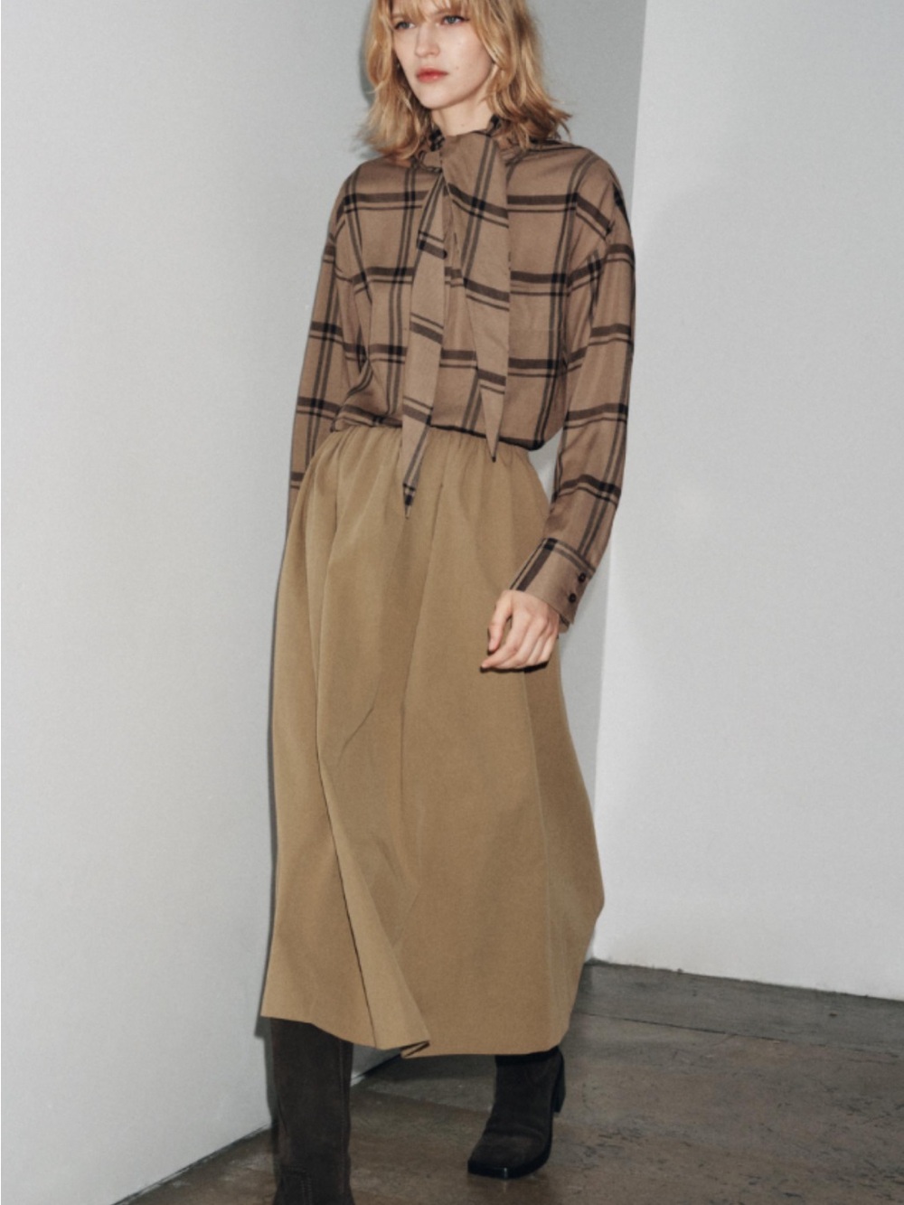 Zara Khaki Tan Midi Skirt - Minimal A-Line